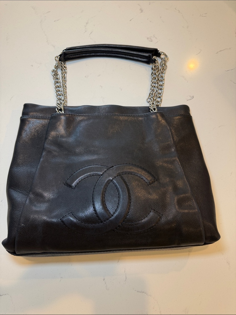 CHANEL Black Lambskin Shoulder Tote with Chain Straps
